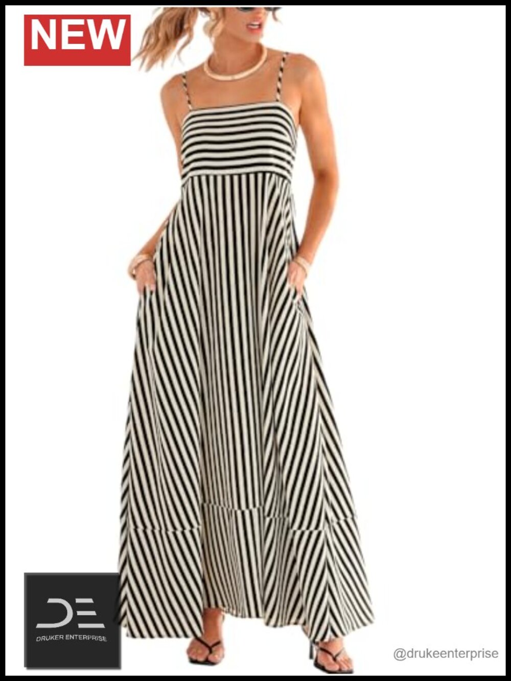 CUPSHE Women's Sleeveless Square Neck Striped Maxi Dress with Pockets